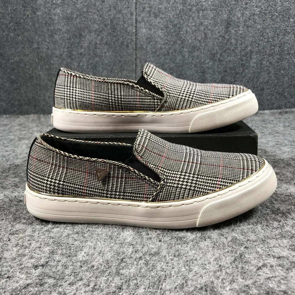 GUESS Slip On‎ Shoes Womens 8.5 Gray Plaid Textile Sneakers GFGGLADIS12